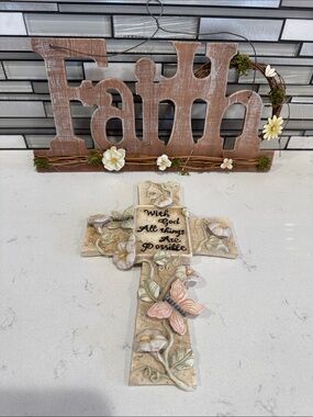 Floral Decorative Wall Cross with Butterfly - Beige and Pink